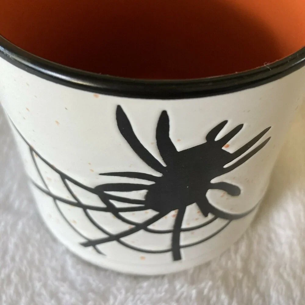 Large Global Design Halloween Coffee Mug Black Spider And Web Orange Inside New